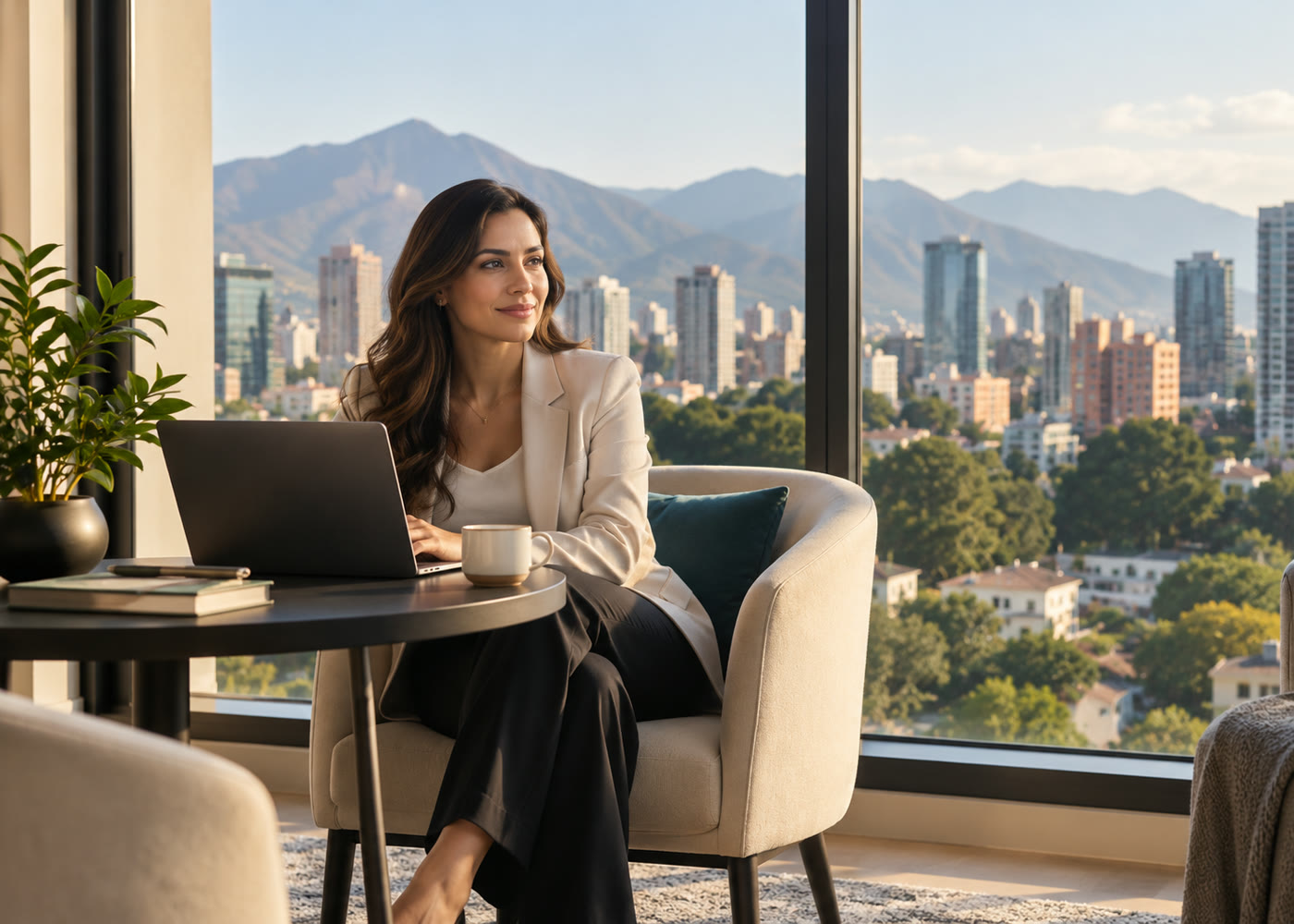 A professional working on a laptop in a furnished apartment